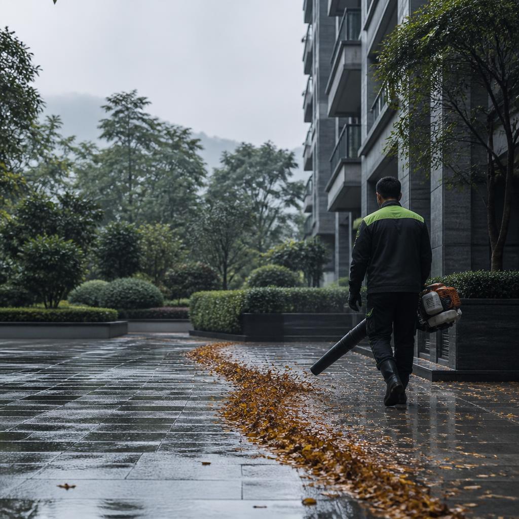 雨後社區步道上的落葉與進行整理的工作人員
